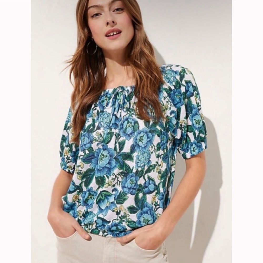 Loft Floral Shirred Linen Top Women’s XS Blue Green Spring